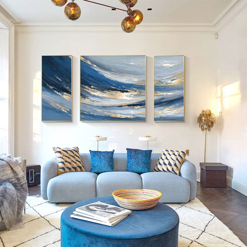 Navy Blue Gold Abstract Wall Art 3 Piece Wall Art Framed Abstract Blue ...