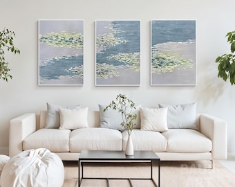 Water Lily Pond Triptych: Sage Green Lotus Flower Impressionist Painting