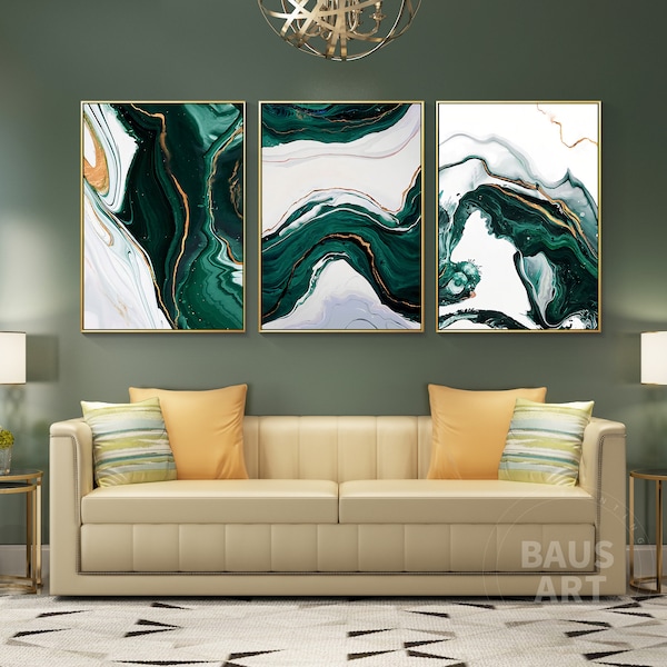 Set of 3 Prints Abstract Pour Painting Framed Wall Art Abstract Large 3 piece Dark Green Watercolor Ocean prints Fluid art Living Room Decor