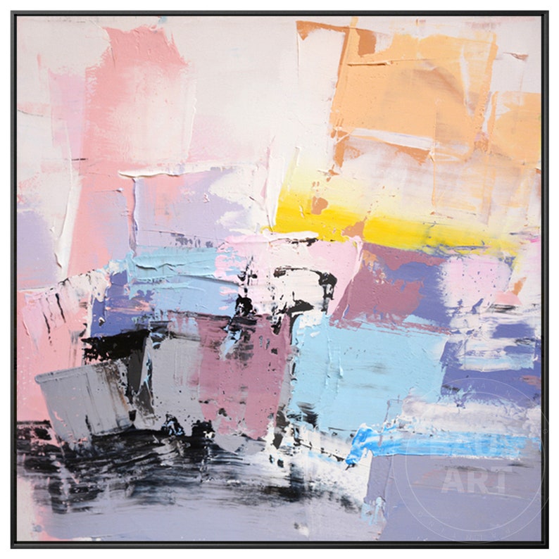 May include: Abstract painting with a mix of pink, yellow, blue, gray, and black paint. The paint is applied in thick strokes, creating a textured effect.