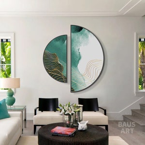 set of 2 Round Wall Art Watercolor Emerald Green Prints On Canvas Asymmetric Round Framed Wall Art Luxury Prints Modern Home Decoration