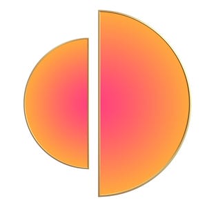 May include: Two semi-circular shapes with a gradient transition from a vibrant orange outer edge to a bright pink center. Each shape is outlined with a thin gold border, creating a distinct contrast against the white background.