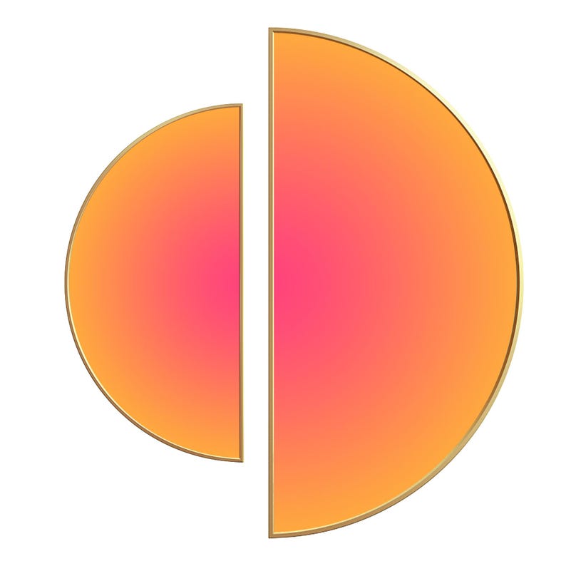 May include: Two semi-circular shapes with a gradient transition from a vibrant orange outer edge to a bright pink center. Each shape is outlined with a thin gold border, creating a distinct contrast against the white background.