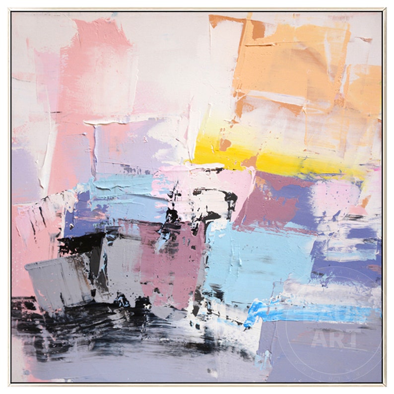 May include: Abstract painting with a mix of pink, yellow, blue, gray, and black paint. The paint is applied in thick strokes, creating a textured effect.