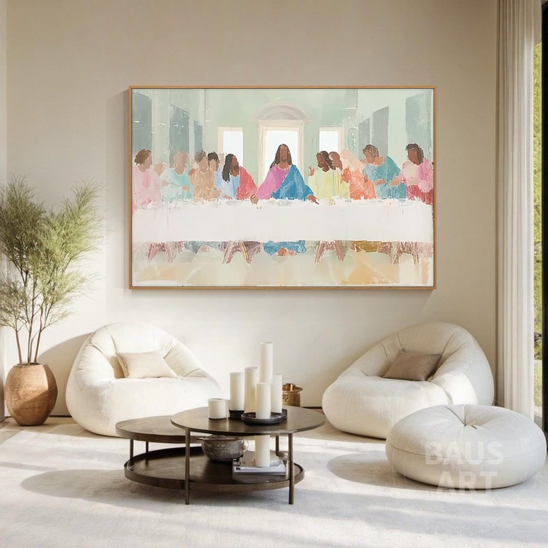 Pintura 'Última Ceia' em Tela, Arte Religiosa Colorida para Decoração