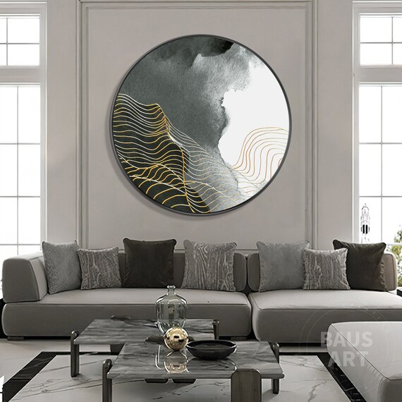 Black and Gold Abstract Prints on Canvas Round Framed Wall Art Etsy