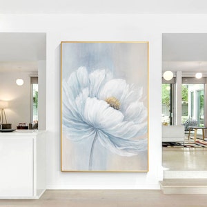 Abstract blue flower wall art  gold and white large Painting arcylic Art on canvas abstract blue and gold floral Painting Art home decor
