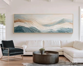 Neutral Abstract Landscape Painting, Beige Blue Textured Wall Art, Minimalist Oil Painting, Japandi Modern Home Decor, Gold Framed Art