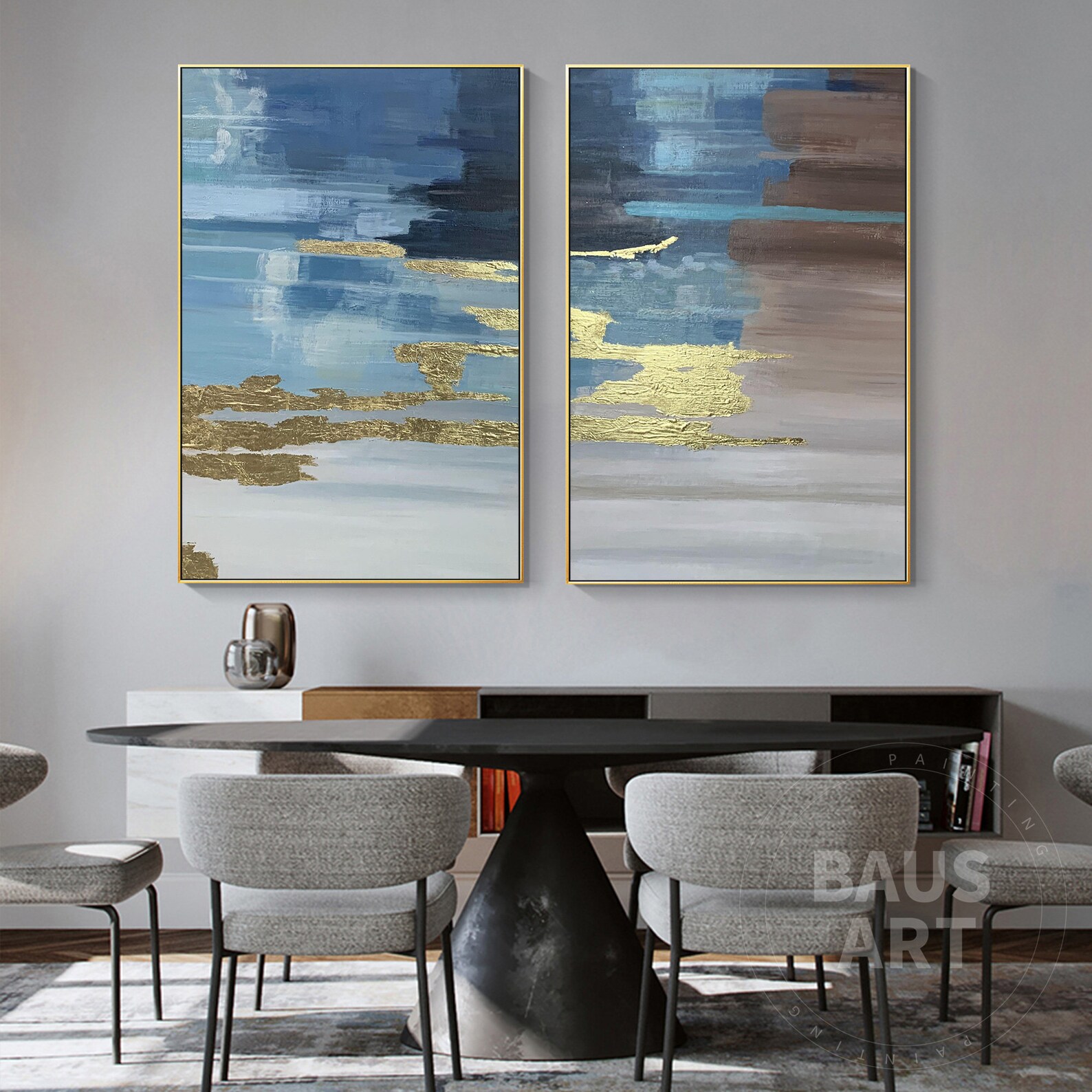 Blue Gold Abstract Wall Art Set of 2 Acrylic Canvas Painting Brown ...