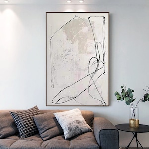 Decoración de pared con arte abstracto lineal, pintura figurativa minimalista, lienzo en tonos beige y negro neutros, obra de arte original moderna y contemporánea.