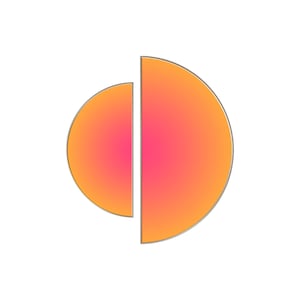 May include: A graphic design featuring two separate semi-circular shapes arranged vertically. The shapes display a vibrant gradient transition from a bright orange outer edge to a deep pink center, enclosed by a thin, neutral-toned border.