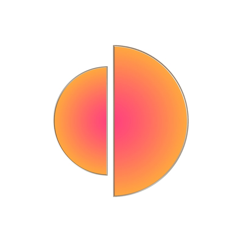 May include: A graphic design featuring two separate semi-circular shapes arranged vertically. The shapes display a vibrant gradient transition from a bright orange outer edge to a deep pink center, enclosed by a thin, neutral-toned border.