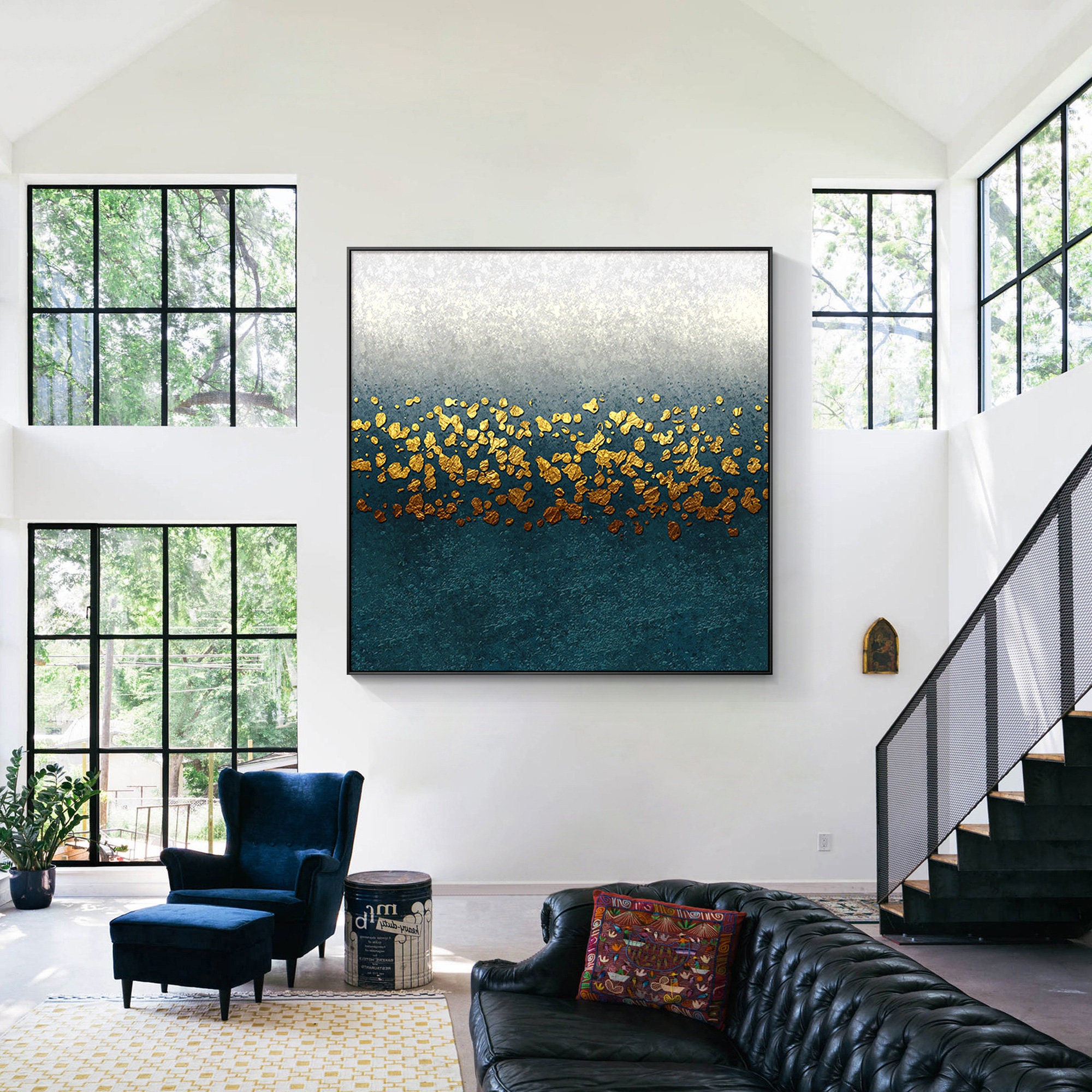Abstract Blue Gold Wall Art Acrylic Painting on Canvas Gold Peacock ...