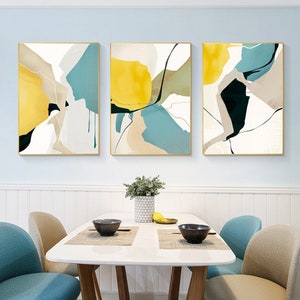 3er Set Türkis und Gelb Abstrakt Auf Leinwand Dopamin Kunst Großes Gemälde Wandkunst Teal Braun Wandkunst Wohnzimmer Dekor