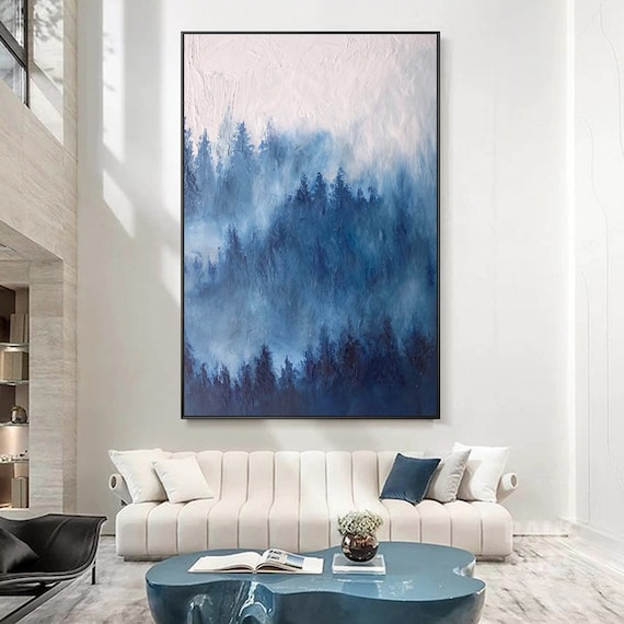Navy Blue Abstract Foggy Forest Painting Acrylic on Canvas Large Wall Art  Modern Nature Scandinavian Art Living Room Decor 
