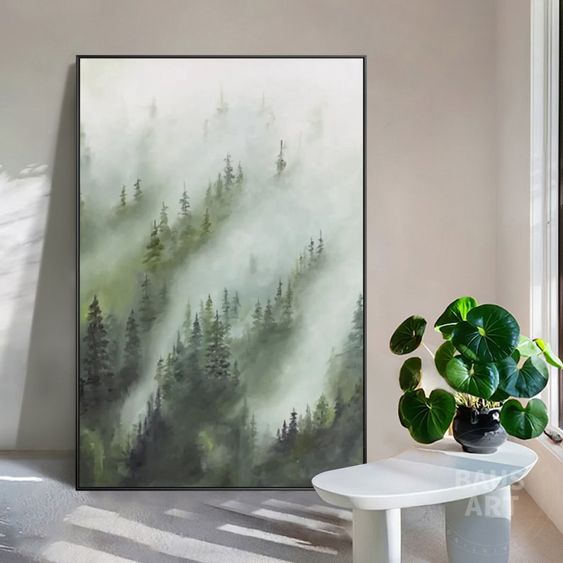 Abstract Foggy Forest Painting on Canvas Large Framed Wall Art Etsy