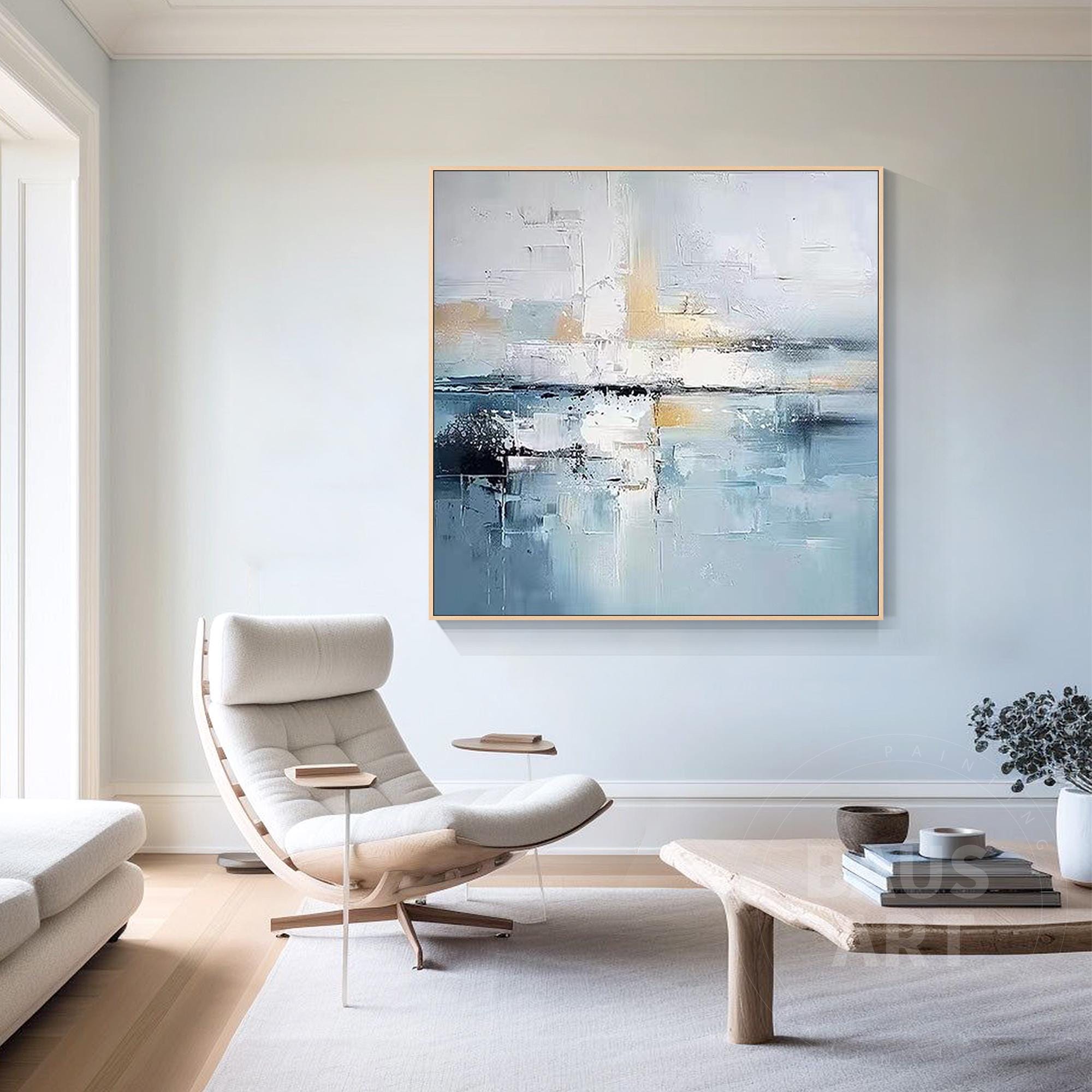 青と金の抽象アクリル画：大きな現代の海洋アート - Etsy 日本