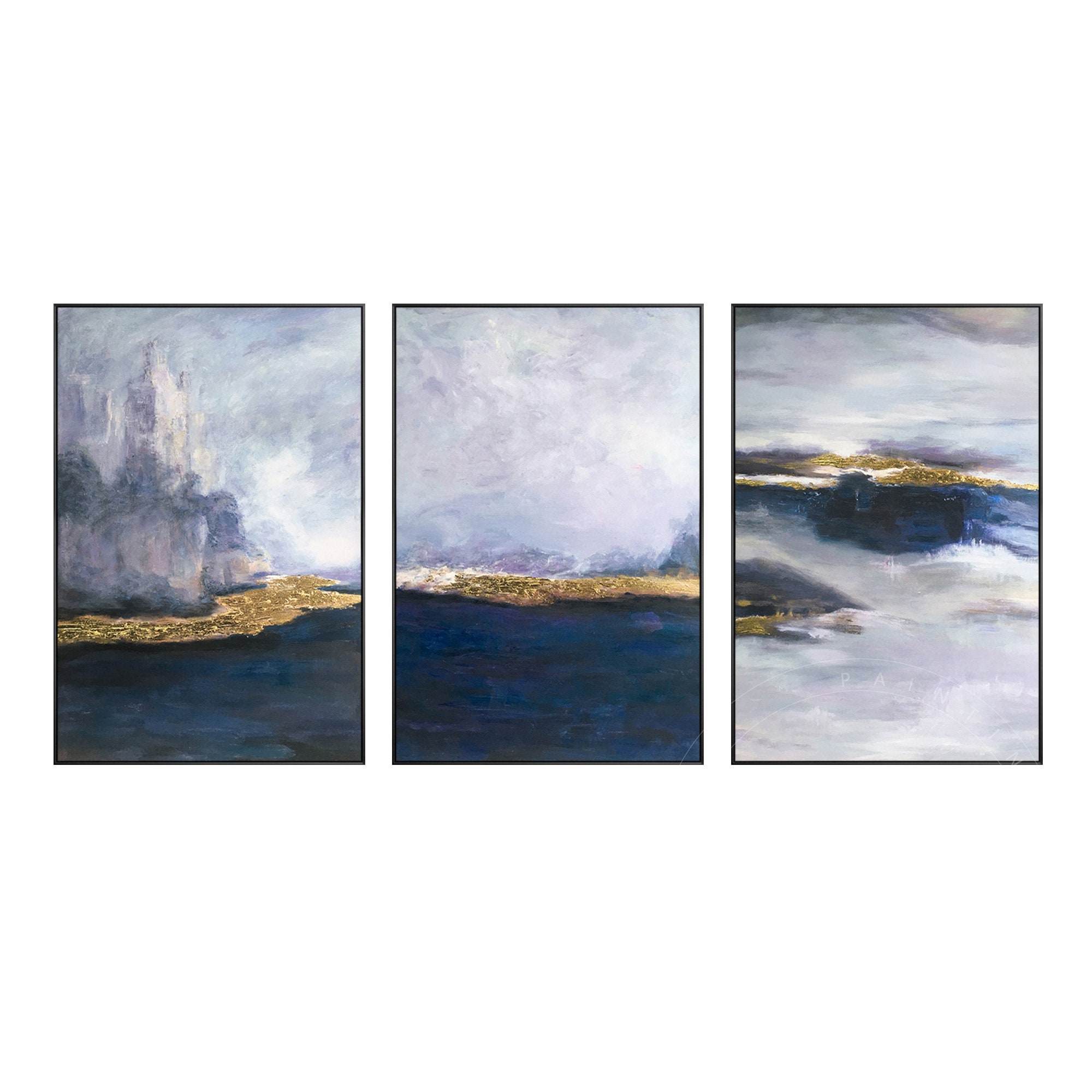 Abstract Blue Gold Wall Art Set of 3 Deep Blue Art on Canvas Large ...