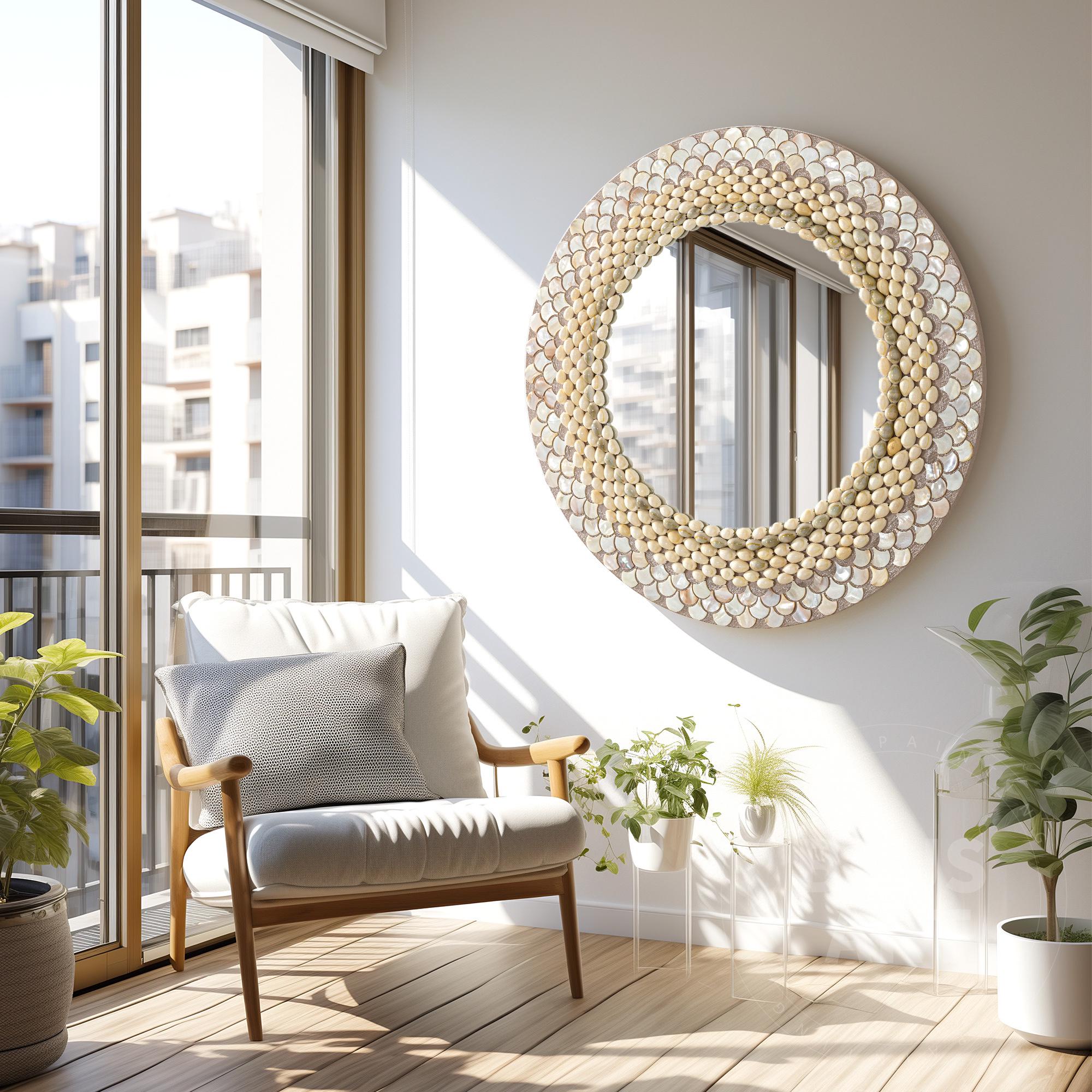 Original Seashell Mirror, Pearlized Shells, Hanging Shell Mirror, Nautical Shell Art, Boho mirror, Custom washroom Mirror living room decor