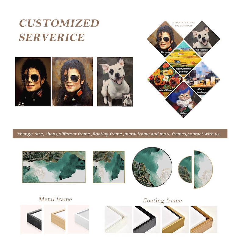 May include: A display of customized art services featuring portraits of a person and a dog, various painting styles, and abstract green and gold landscape art. The image includes examples of metal and floating frames in black, gold, and white.