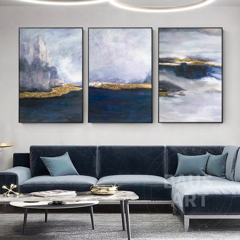 Abstract Blue Gold Wall Art Set of 3 Deep Blue Art on Canvas Large ...
