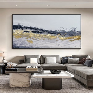 Navy blue gold wall art Abstract Painting blue gold wall Art on canvas Large long Wall Art textured wall art minimalist living room decor