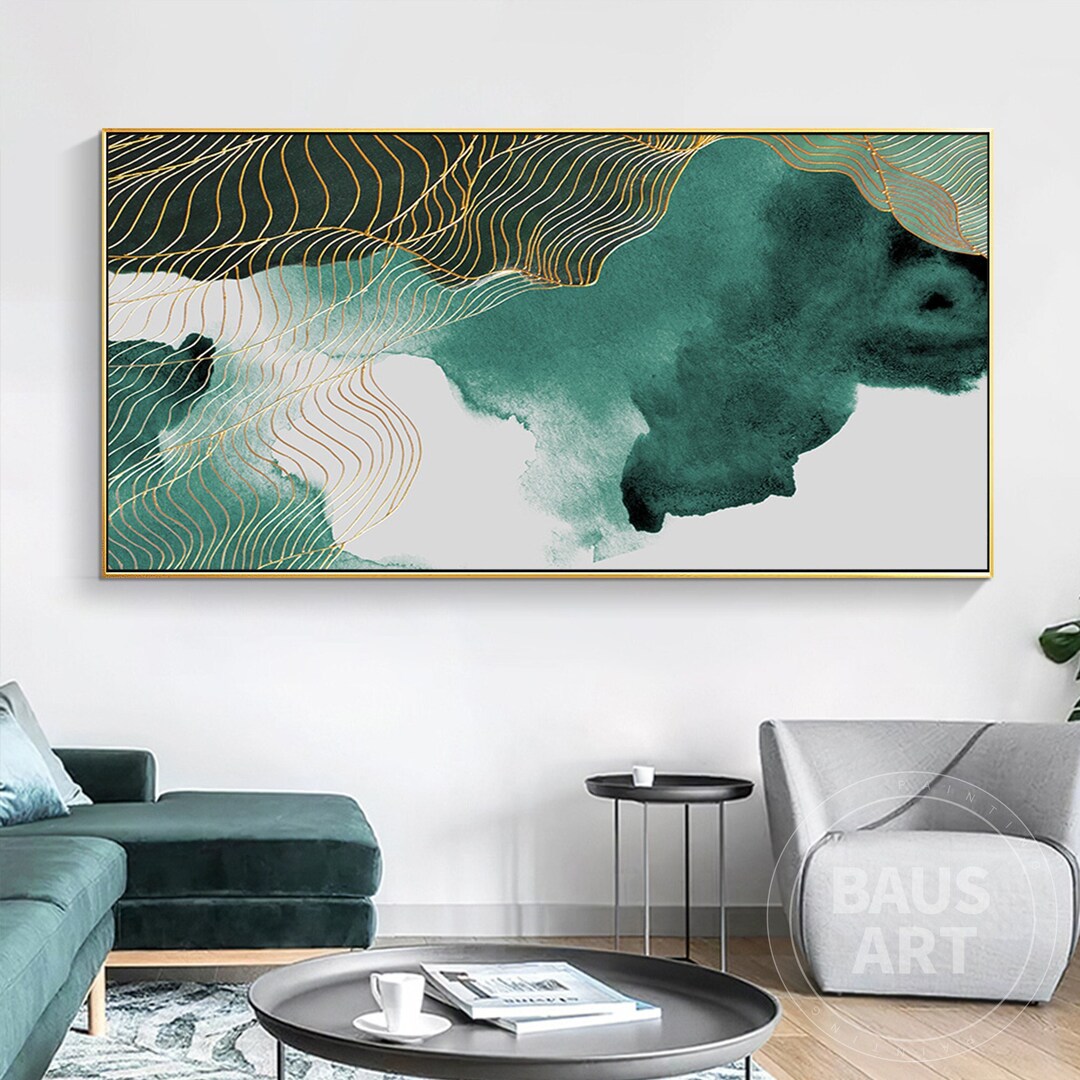Emerald Green Abstract Watercolor Art on Canvas Large Wall Art and Gold ...