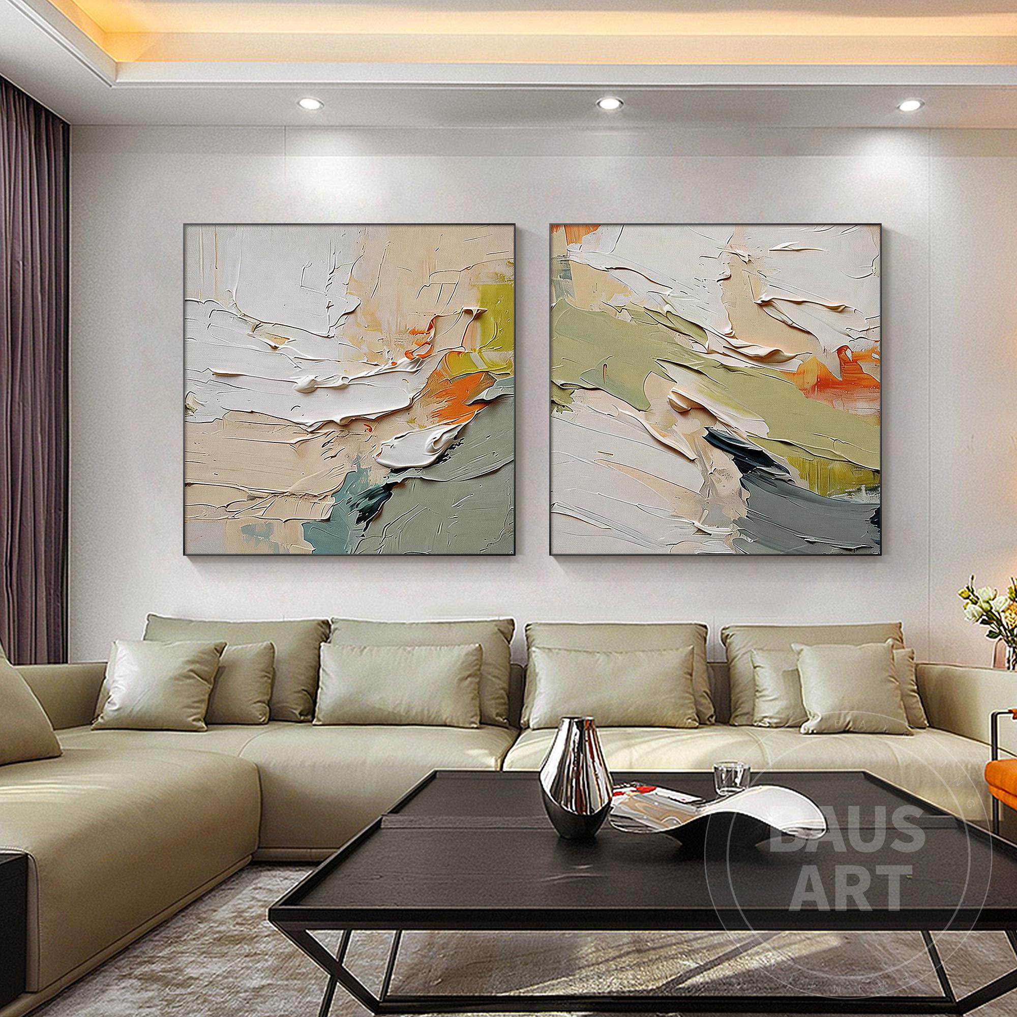 Textured Abstract wall art Set of 2, Beige Sage Green canvas painting, Minimalist plaster artwork, Modern neutral living Room decor