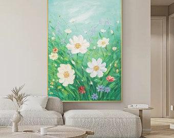 Original Abstract Large Green Wall Art Blooming Daisy Canvas Oil