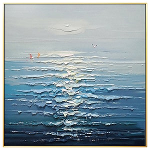 May include: Abstract painting of a seascape with blue and white waves and a small red sailboat in the distance. The sky is a light blue and there is a single white bird flying in the sky.