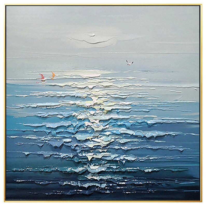 May include: Abstract painting of a seascape with blue and white waves and a small red sailboat in the distance. The sky is a light blue and there is a single white bird flying in the sky.