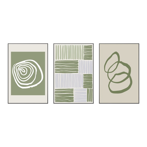 3 Pcs Quadri Moderni Boho Verde Salvia Pianta Stampa Su Tela Con Cornice, Quadro Estetica Geometria Linee Sole Pittura su tela poster da parete Decorazione Murale Soggiorno Camera da letto 30x40cmx3