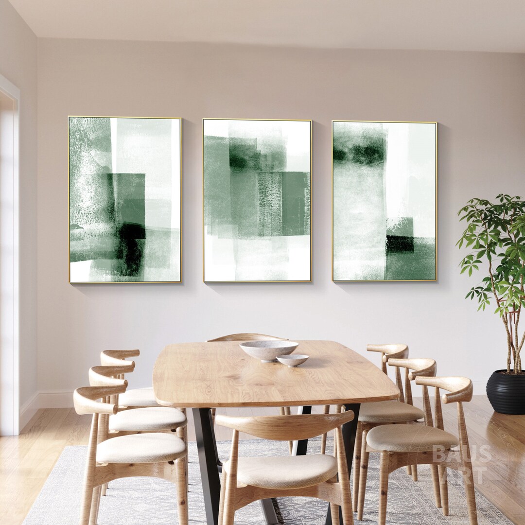 Sage Green Abstract Wall Art Set of 3 Framed Canvas Prints, Minimalist ...