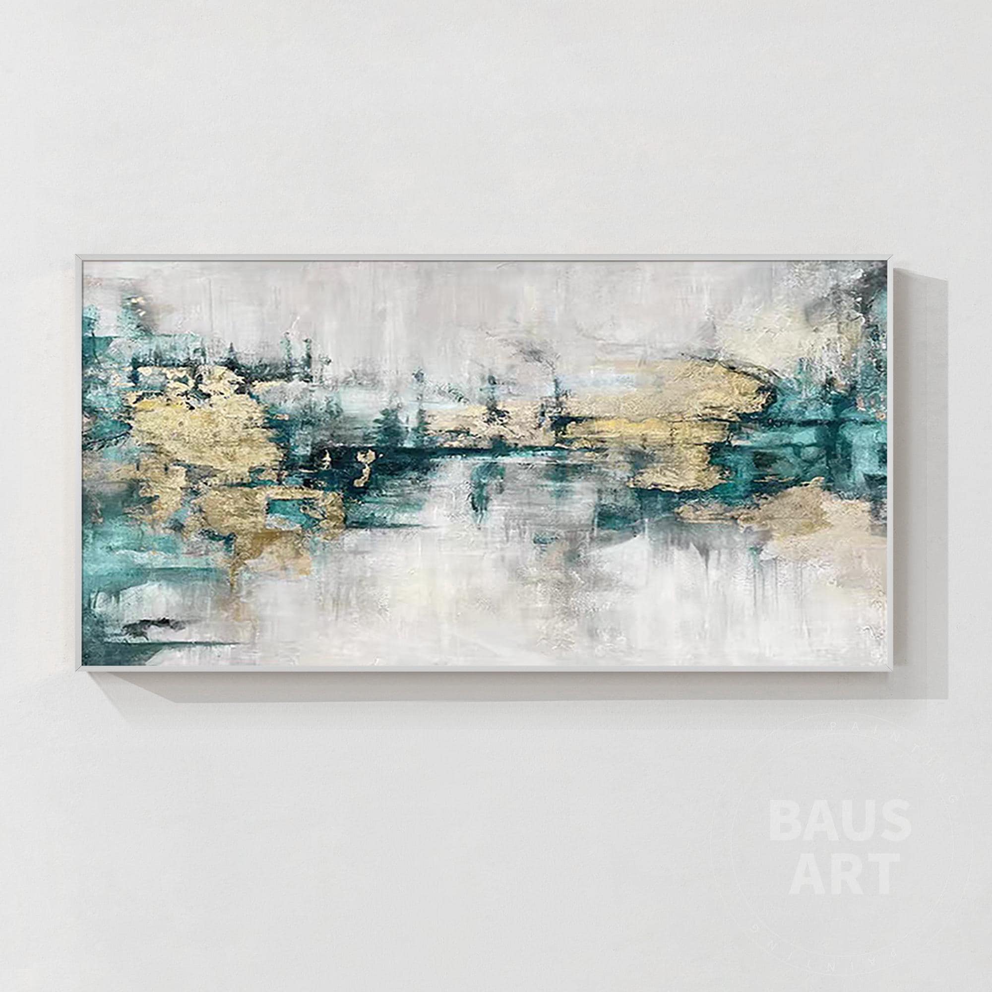 ターコイズとゴールドの抽象画 ターコイズとゴールドの抽象的な絵画：大型キャンバスウォールアート