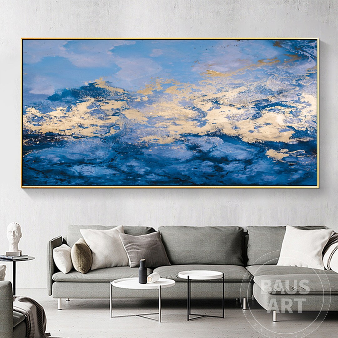 Abstract Blue Gold Wall Art Framed Wall Decor Art Large Modern Wall Art ...