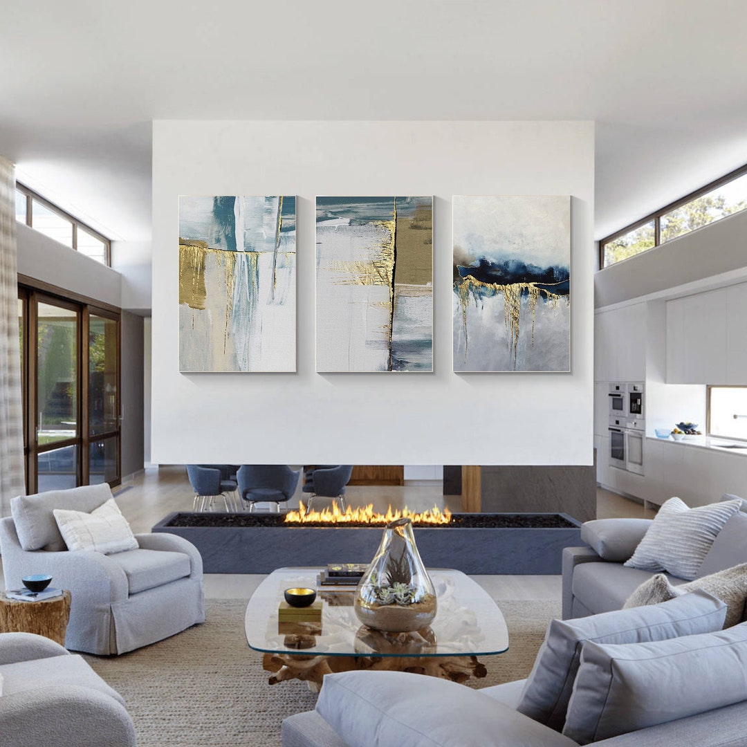 Set of 3 Abstract Wall Art Teal Blue Gold and Gray on Canvas Framed