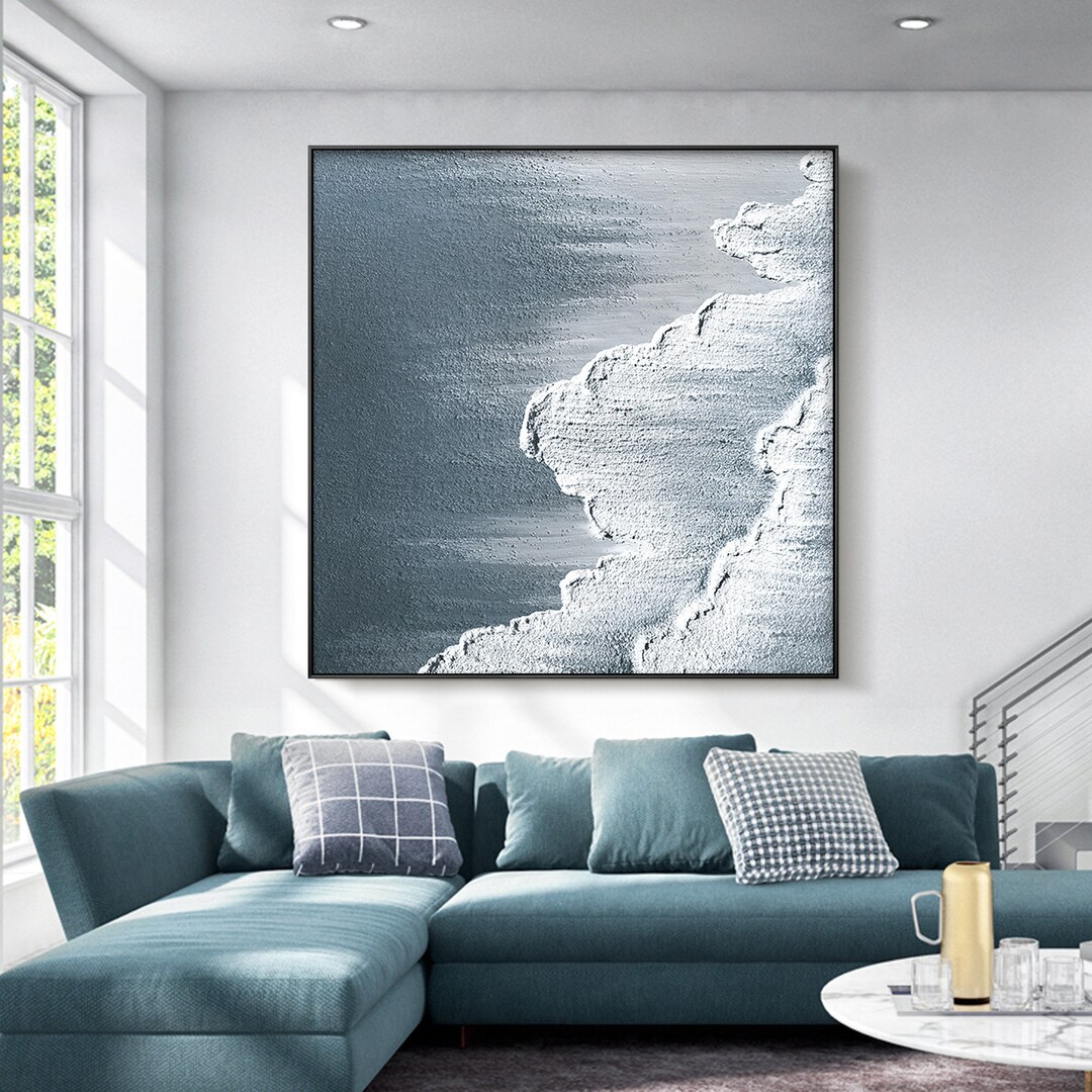 Abstract Blue Grey White Wall Art Ocean Waves Acrylic Painting on