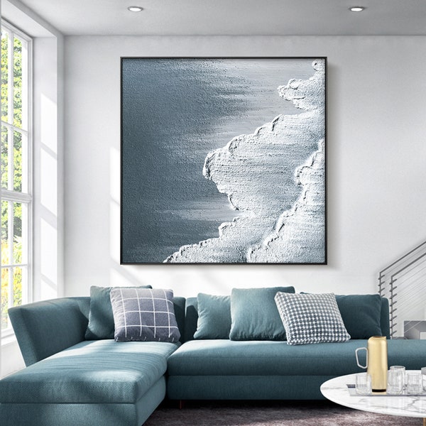 Abstract blue grey white wall art ocean waves Acrylic Painting On Canvas grey  white Textured Painting square Modern art for living room