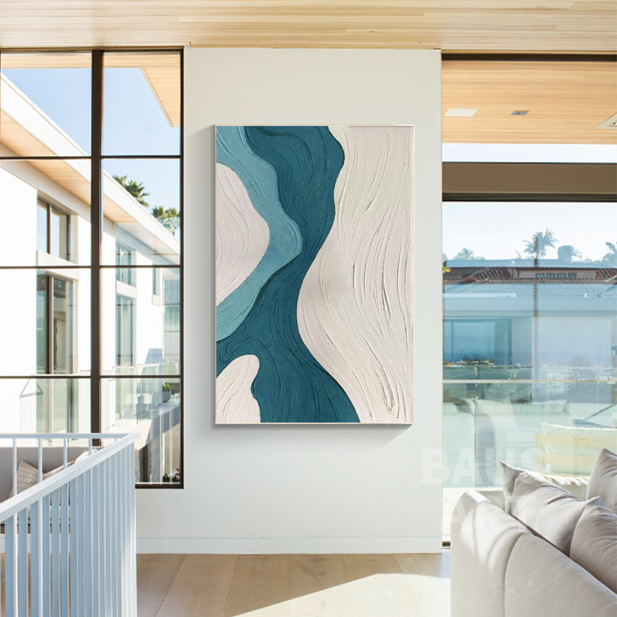 Minimalist Abstract Turquoise Blue Wall Art, Wabi-sabi Modern Wall Art