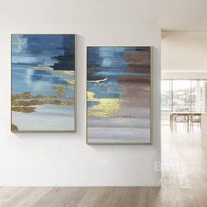 Blue Gold Abstract Wall Art Set of 2 Acrylic Canvas Painting Brown ...