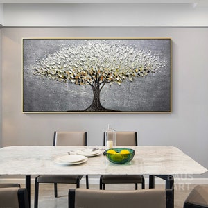 Abstract Blossom Tree Wall Art Large Framed Wall Art Gray  3D Textured Tree Of Life Painting Horizontal wall art Beige wall art home decor