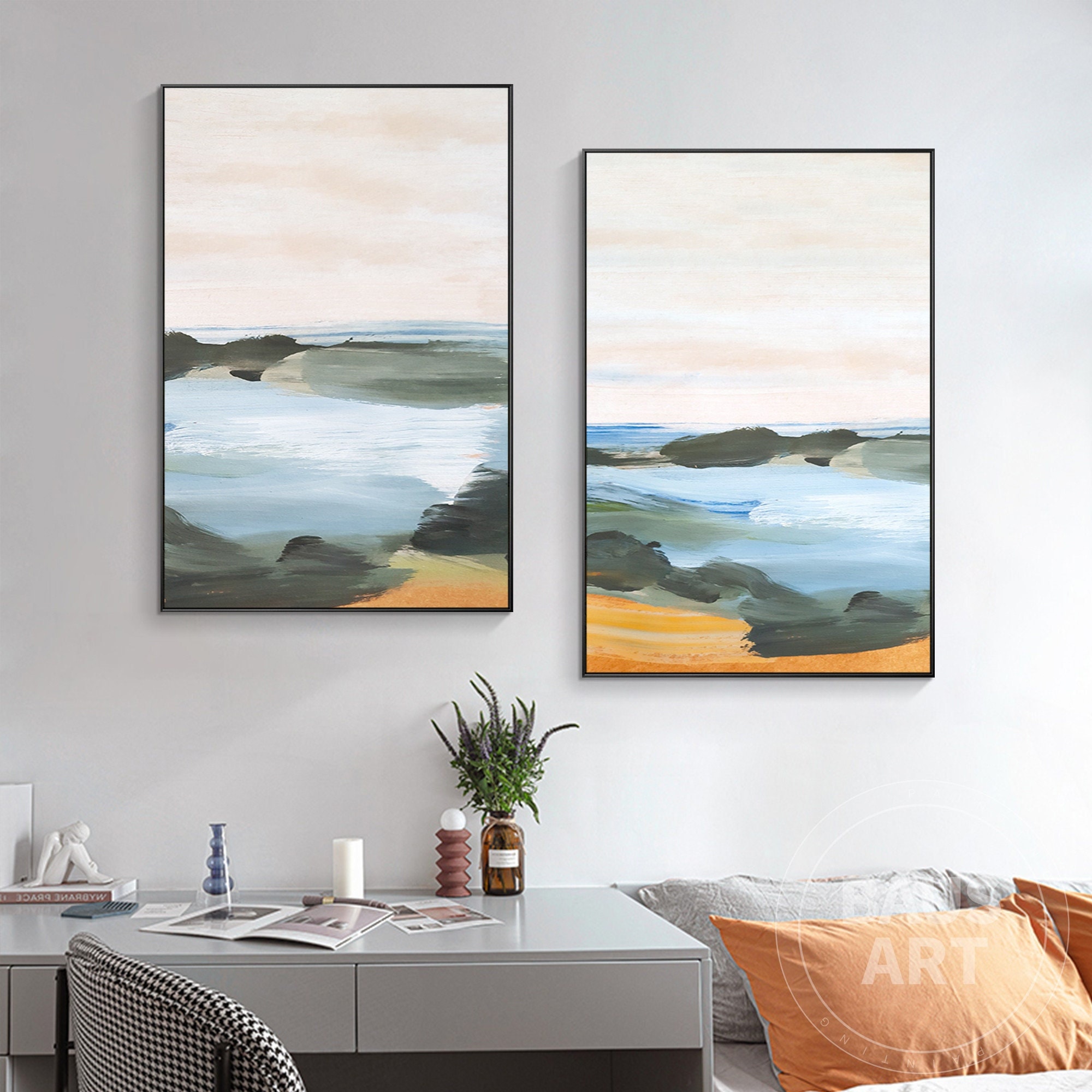 Set of 2 Abstract Dark Green Wall Art Prints Lakeside Painting