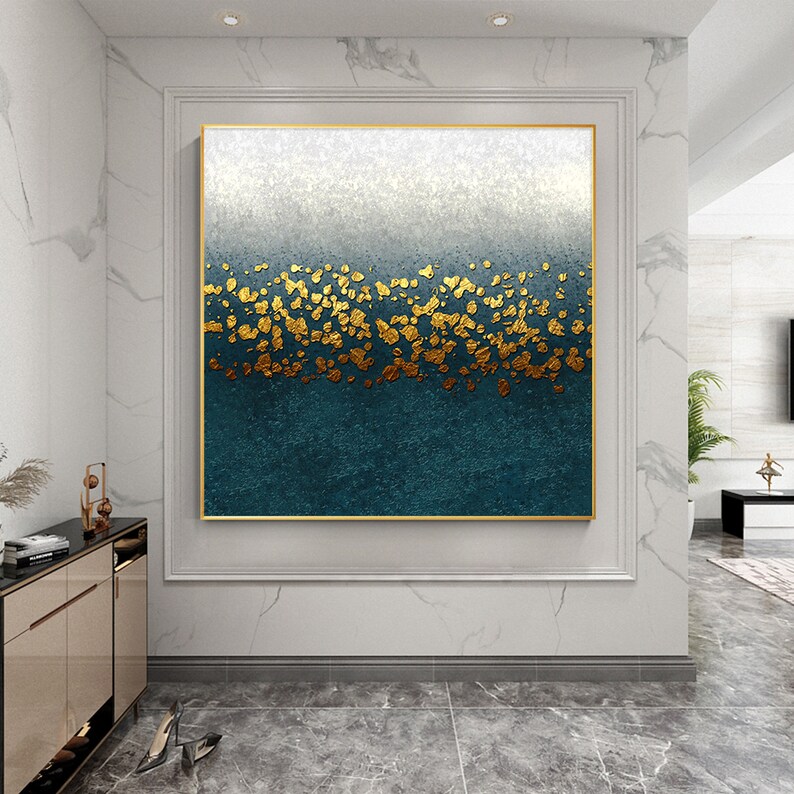Abstract Blue Gold Wall Art Acrylic Painting on Canvas Gold Peacock ...