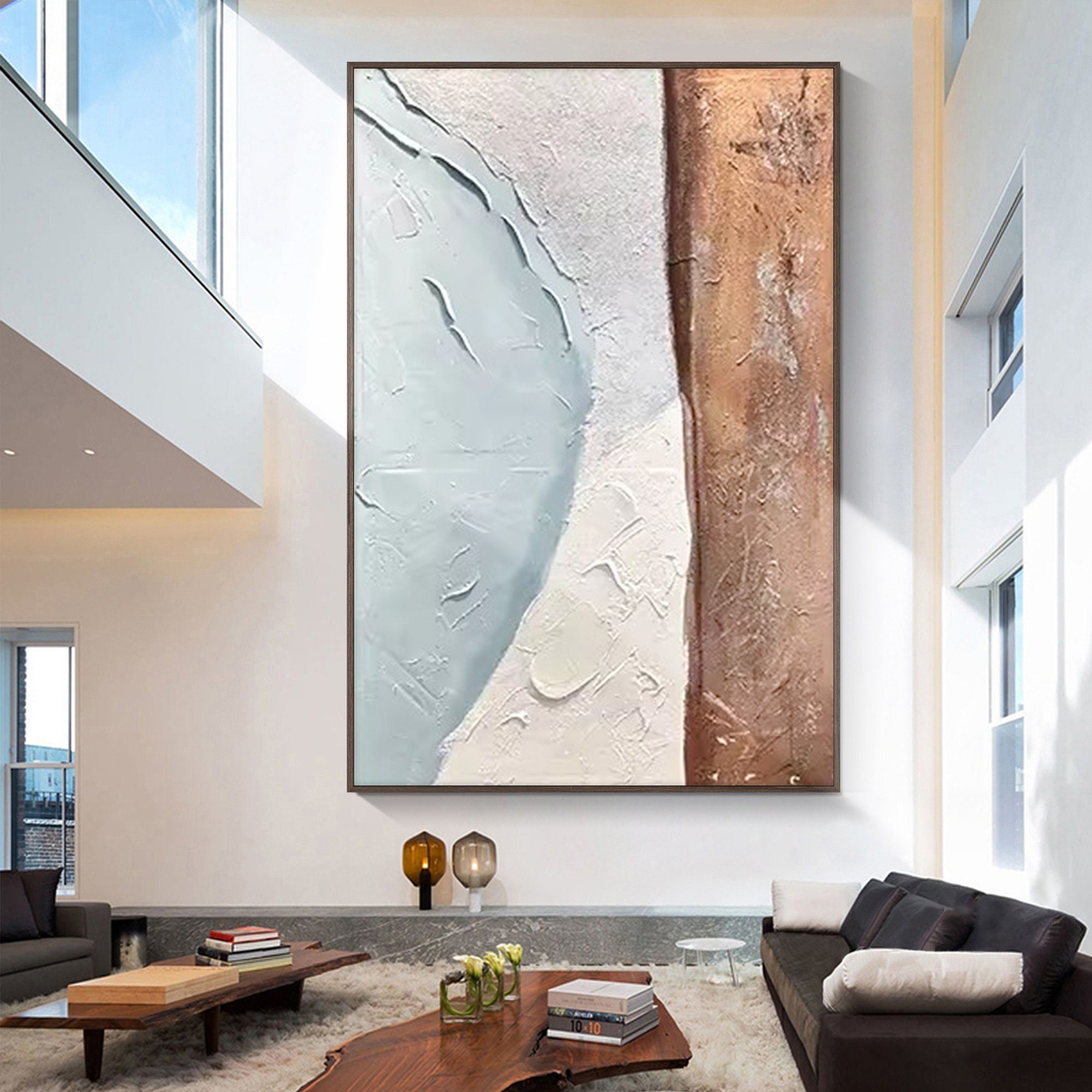 Abstract Brown Wall Art Large Blue and White Paitning Textured