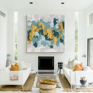 Abstract Teal Gold Large Abstract wall art Painting On Canvas Textured Painting square Wall Art   Extre Large home decor