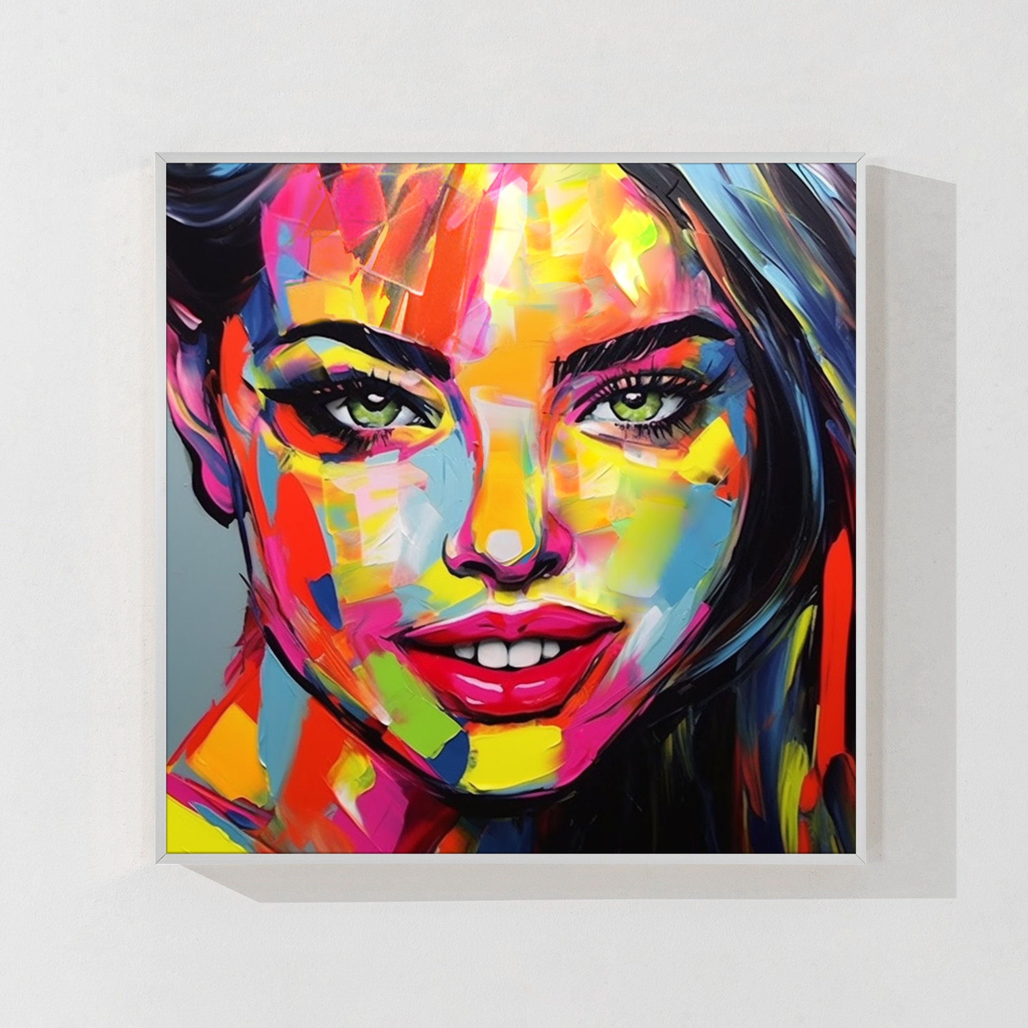 Abstract Woman Face Painting: Colorful Pop Art Canvas Wall Decor