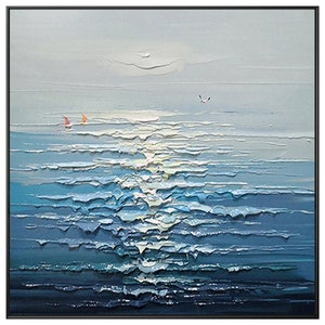 May include: Abstract painting of a seascape with blue and white waves, a light blue sky, and two small red sailboats in the distance.