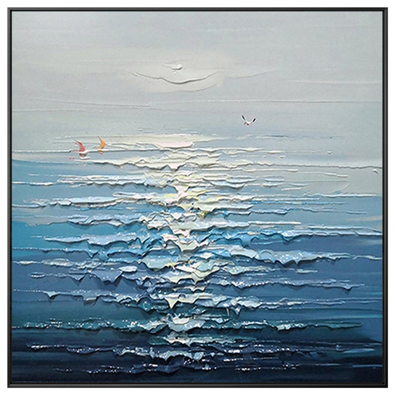 May include: Abstract painting of a seascape with blue and white waves, a light blue sky, and two small red sailboats in the distance.