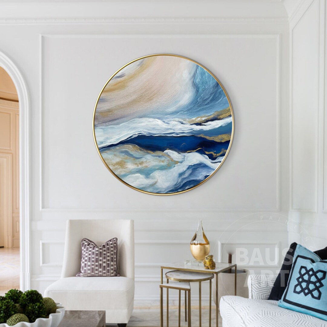 Navy Blue Gold Round Wall Art,abstract Wall Art Original Art Canvas