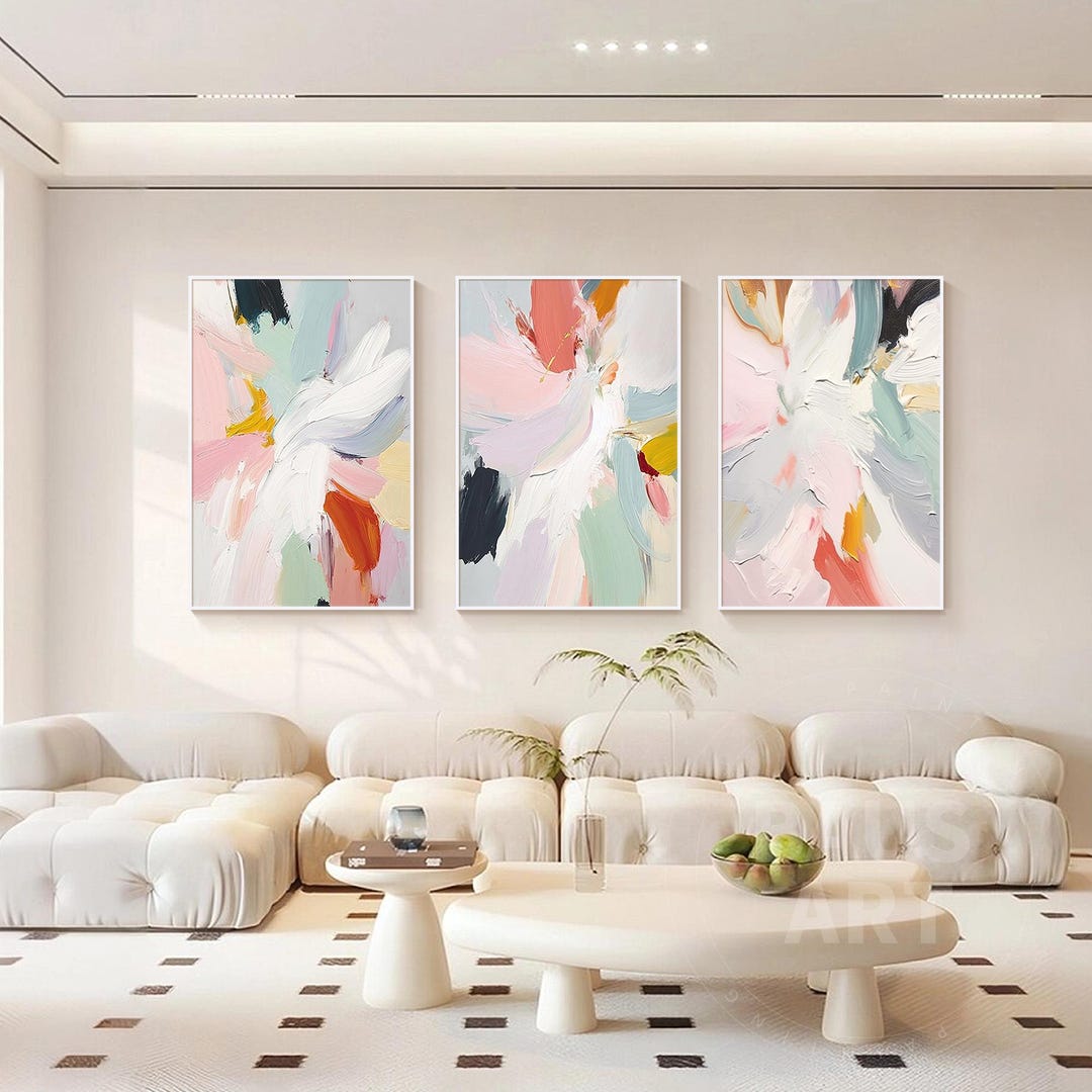 Abstract Pastel Art Set of 3 Textured Flower Painting Triptych Wall Art ...